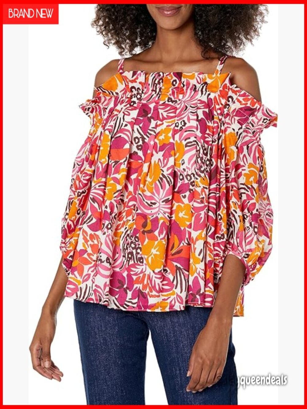 Off Shoulder Cotton Blouse with 3/4 Sleeves and Pleating Detail